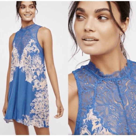 Free People Marsha Floral Printed Slip Blue Lace Dress Size Medium, MSRP $88 - Picture 1 of 12